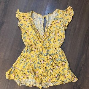 American Eagle Outfitters Yellow Floral Romper with Pink & Green Accents